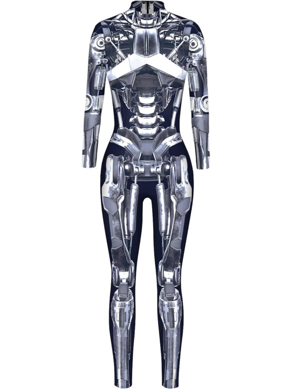 Women Silver 3D Sci-Fi Mech Robot Print Long Sleeve Halloween Catsuit Bodycon